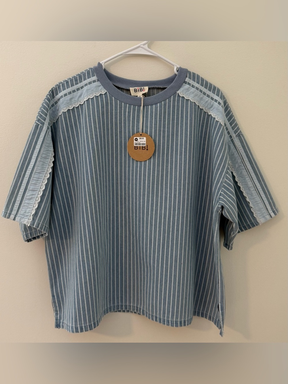 NWT BiBi Denim and Lace Top Sz L